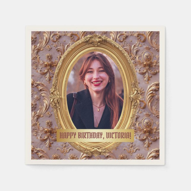 Photo Rococo Soft Renaissance Gold Birthday Party  Napkin (Front)