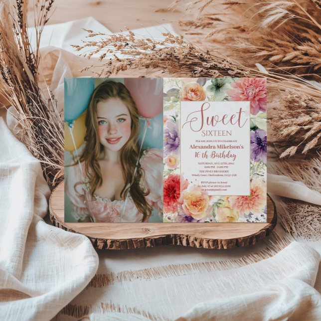 Photo Romantic Garden Florals Sweet Sixteen Invitation (Creator Uploaded)