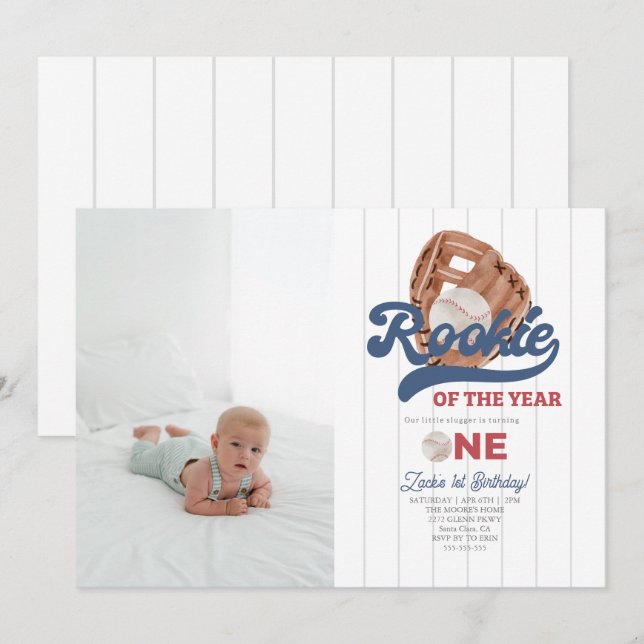 Photo Rookie Baseball glove Boys 1st Birthday Invitation (Front/Back)