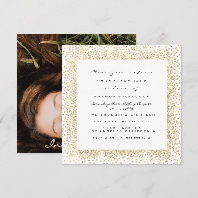 Photo Rose Bridal Shower Gold White Confetti Frame Invitation (Front/Back)