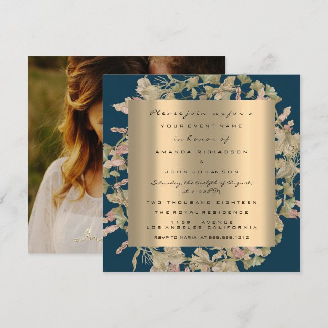 Photo Rose Engagement Bridal Gold Wreath Flor Navy Invitation (Front/Back)