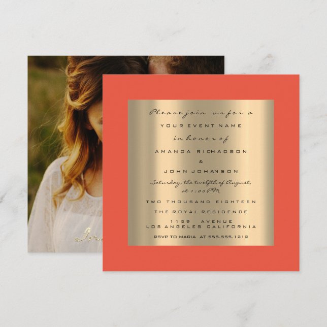 Photo Rose Engagement Wedding Gold Coral Simply Invitation (Front/Back)