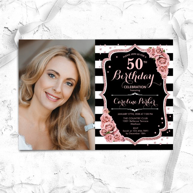 Photo Rose Gold Black 50th Birthday Invitation (Creator Uploaded)