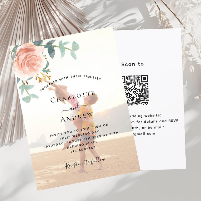 Photo rose gold floral greenery QR RSVP wedding Invitation (Creator Uploaded)