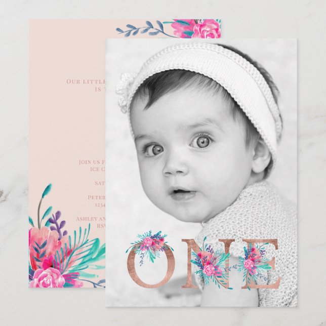 Photo Rose gold floral letter 1st birthday blush Invitation (Front/Back)