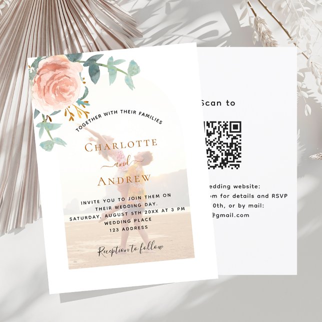 Photo rose gold floral photo arch QR RSVP wedding Invitation (Creator Uploaded)