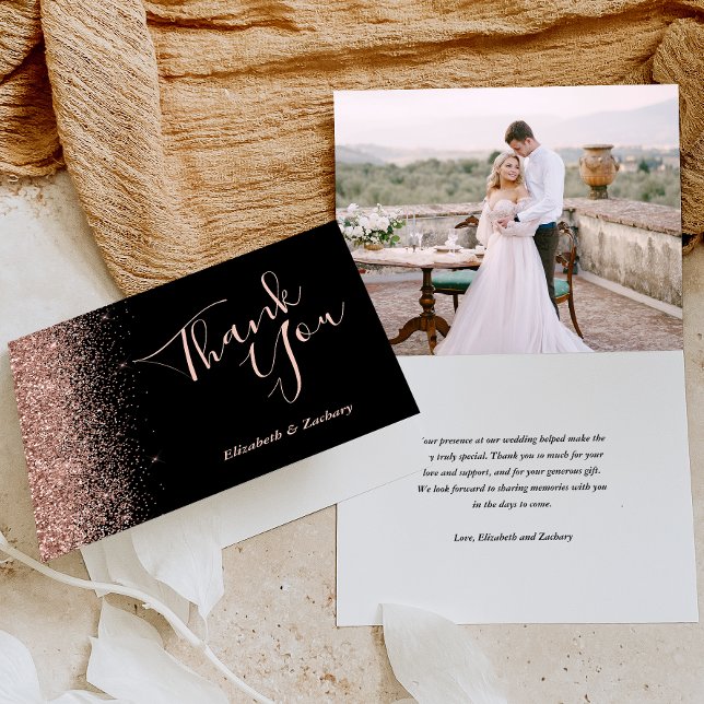 Photo Rose Gold Glitter Black Wedding Thank You Card (Creator Uploaded)
