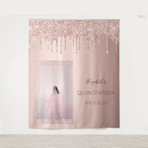 Photo rose gold glitter drip Quinceanera Tapestry