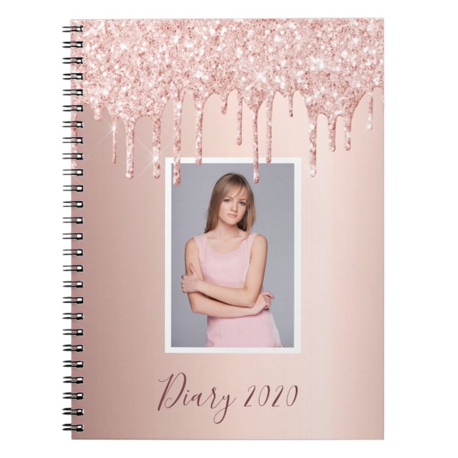 Photo rose gold glitter drips glam girly diary notebook (Front)