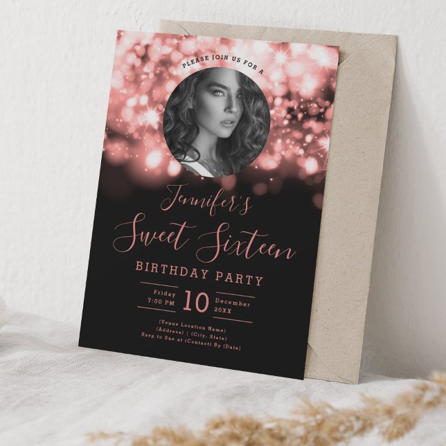 PHOTO Rose Gold Hollywood Lights Sweet 16 Party Invitation (PHOTO Rose Gold Hollywood Lights Sweet 16 Party Invitation)