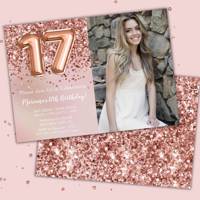 Photo Rose Gold Kids Girl 17th Birthday Party Invitation (Creator Uploaded)