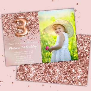 Photo Rose Gold Kids Girl 3rd Birthday Party Invitation