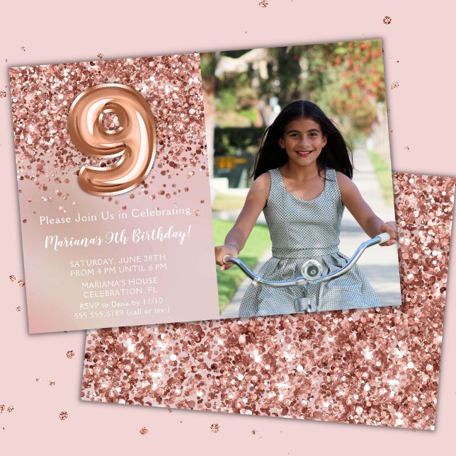 Photo Rose Gold Kids Girl 9th Birthday Party Invitation (Creator Uploaded)