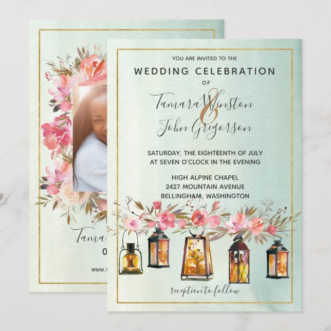 Photo Rose Gold Lanterns Watercolor Floral Wedding Invitation (Front/Back)