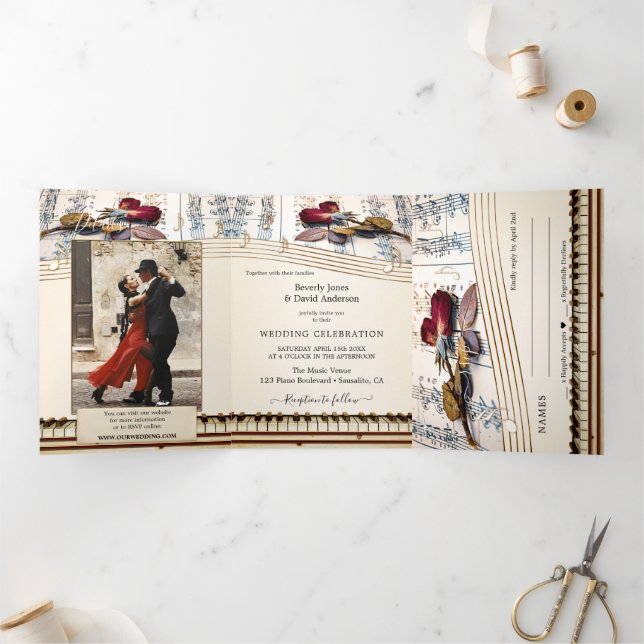 Photo Rose Music Wedding All in One  Tri-Fold Invitation (Inside)