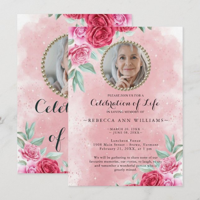 Photo Roses Celebration of Life Invitation (Front/Back)
