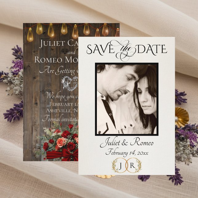 Photo, Roses & Leaf Monogram - Red Save The Date (Creator Uploaded)