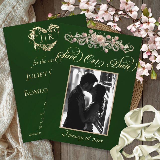 Photo, Roses & Monogram - Emerald Save The Date (Creator Uploaded)