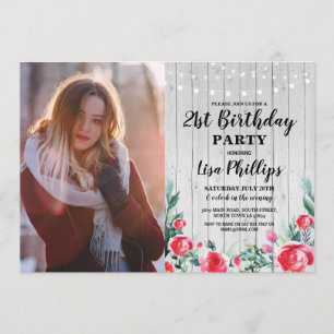Photo Rustic 21st Birthday Party Red Floral Wood Invitation