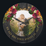 Photo rustic farmhouse Mr and Mrs floral barn wood Large Clock<br><div class="desc">Rustic country newlyweds wedding round photo Mr. and Mrs. personalized wall clock with red burgundy roses and yellow golden sunflowers bouquets over a dark brown barn wood with strings of twinkle lights. Easy to customize with your names, text and photo! It can be a pretty keepsake gift for a new...</div>