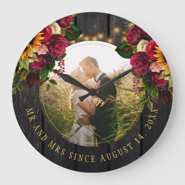 Photo rustic farmhouse Mr and Mrs floral barn wood Large Clock (Front)