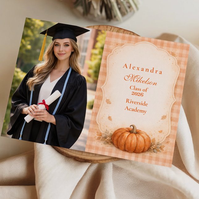 Photo Rustic Gingham Pumpkin Fall Graduation Announcement (Creator Uploaded)