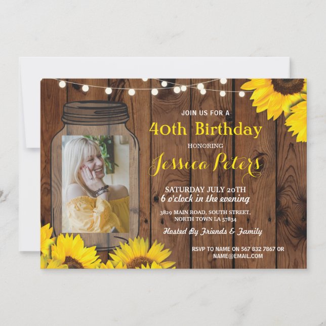 Photo Rustic Jar Birthday Party Wood Sunflower Invitation (Front)