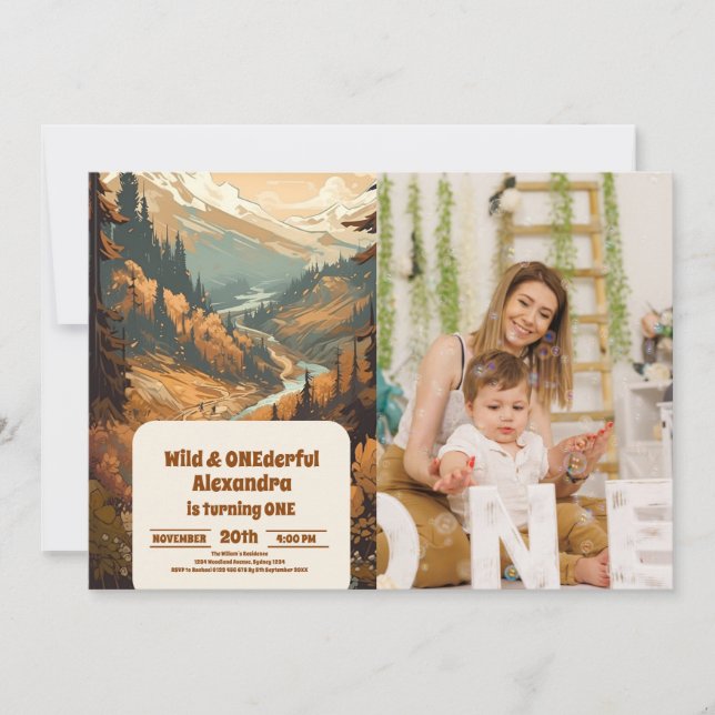 Photo Rustic Mountain Forest 1st Birthday Invitation (Front)