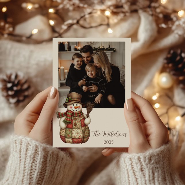 Photo Rustic Patchwork Snowman Christmas Holiday Card (Creator Uploaded)