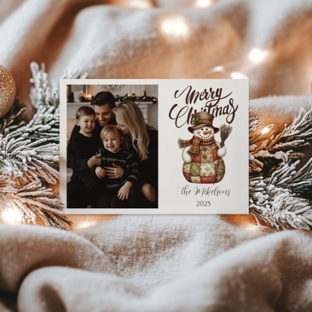 Photo Rustic Patchwork Snowman Christmas Holiday Card (Creator Uploaded)