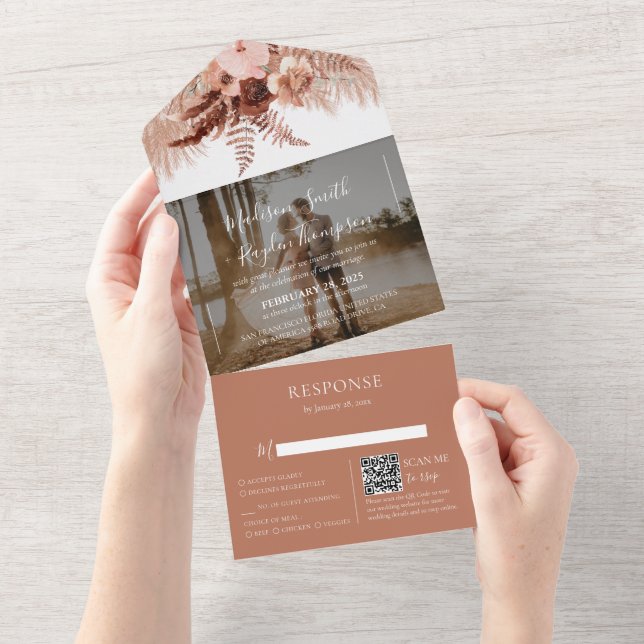 Photo Rustic QR Code Boho Terracotta Wedding All In One Invitation (Tearaway)