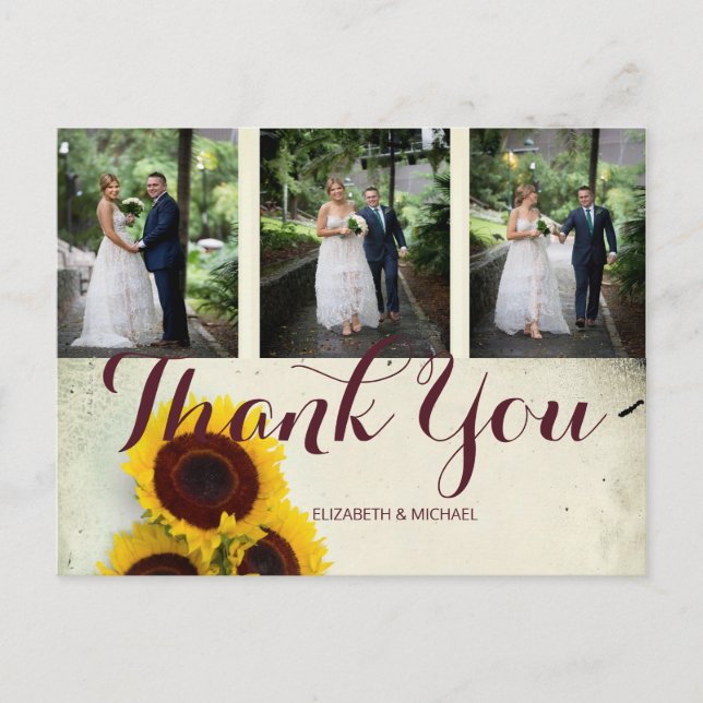 Photo Rustic Sunflower Modern Wedding Thank You Postcard (Front)