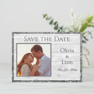 Photo Rustic White Wood Grain Glitter Typography Save The Date