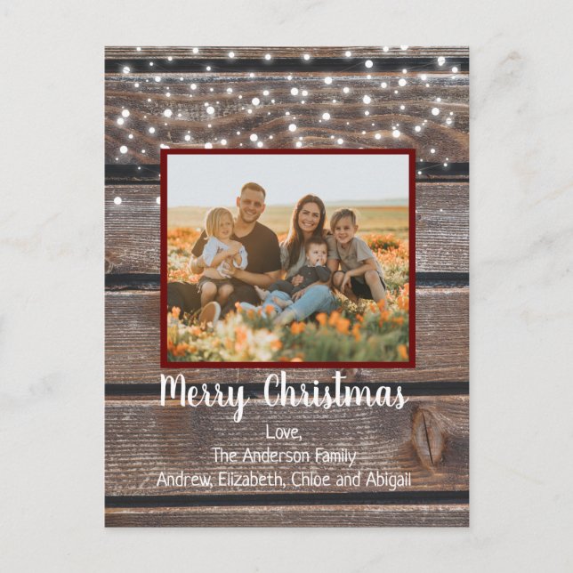 Photo Rustic Wood String Lights Christmas Holiday Postcard (Front)
