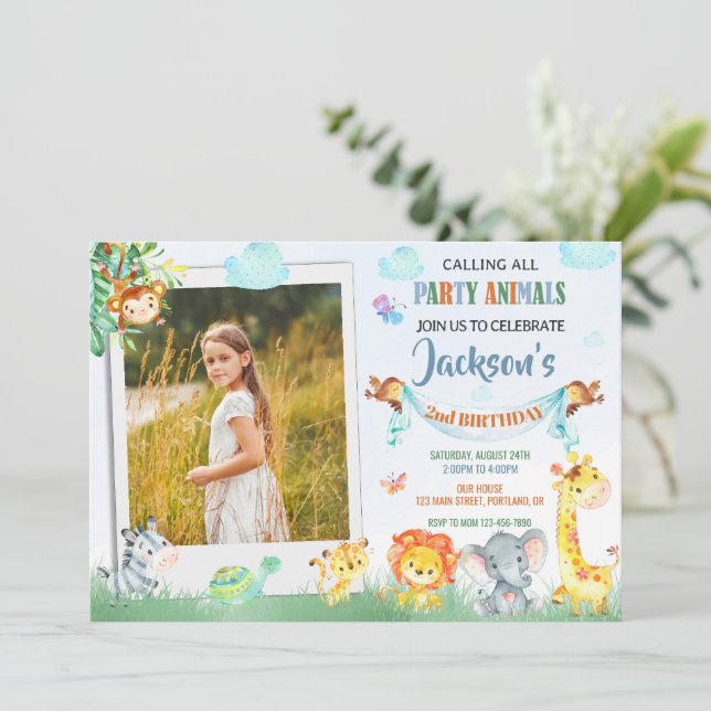 Photo safari birthday invitation Two wild party (Standing Front)