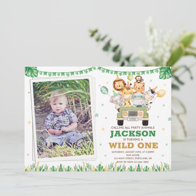 Photo Safari birthday invitation Wild one party (Standing Front)