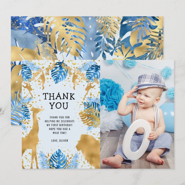 Photo Safari Blue 1st Birthday Thank You Card (Front/Back)
