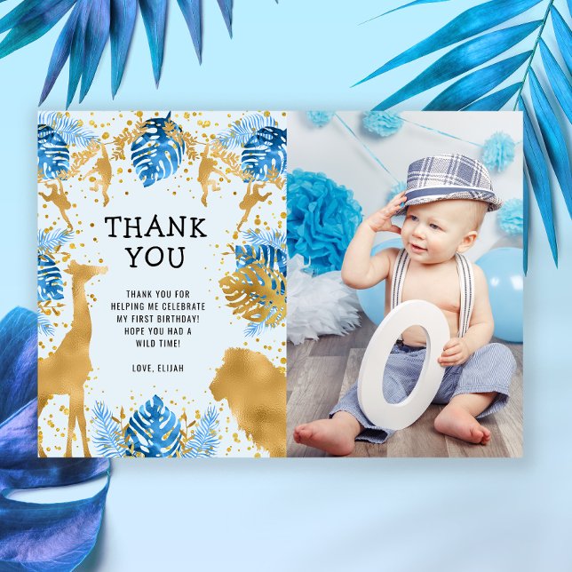 Photo Safari Blue 1st Birthday Thank You Card (Creator Uploaded)