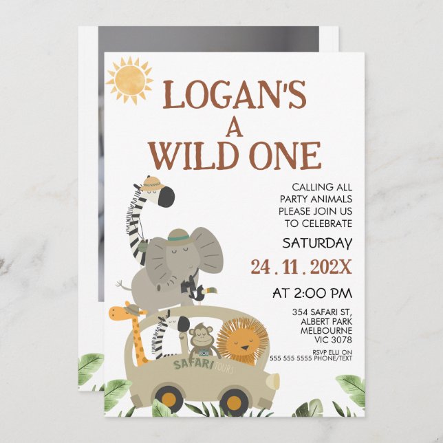 Photo Safari Bus Boys Wild One Birthday Invitation (Front/Back)