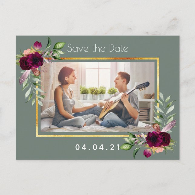 Photo sage green burgundy wedding Save the Date Announcement Postcard (Front)