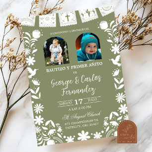 Photo Sage Green Cielito Lindo Boy Twins Baptism Invitation