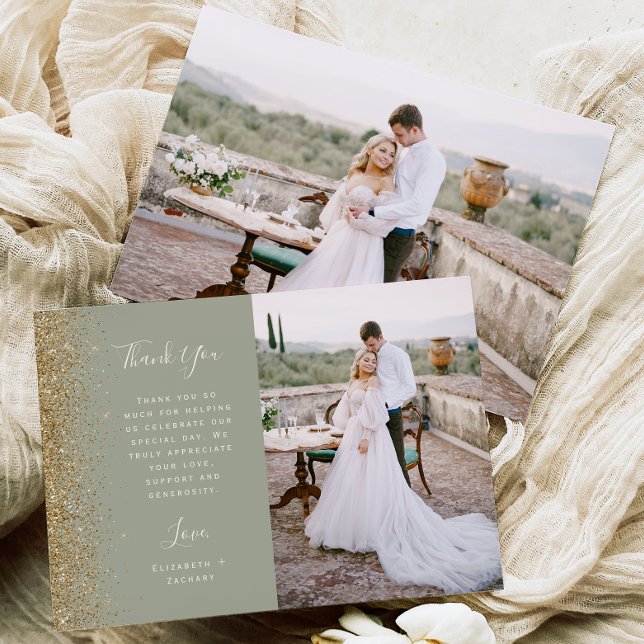 Photo Sage Green Gold Glitter Script Wedding Thank You Card (Creator Uploaded)
