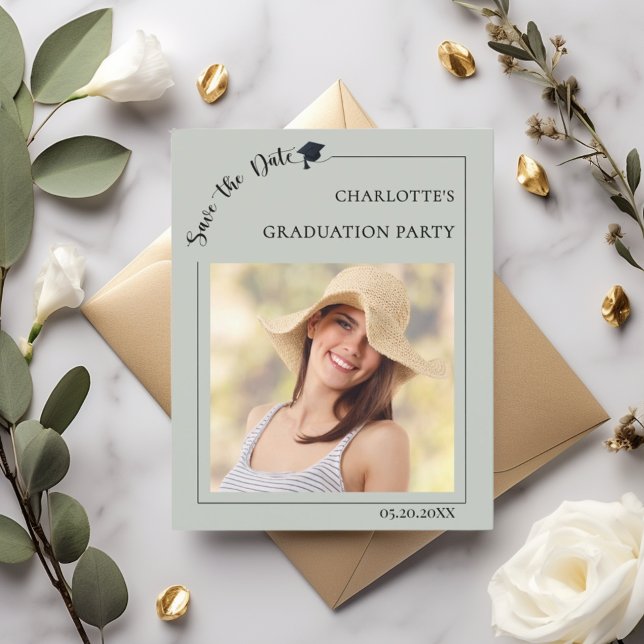 Photo sage green Graduation Save the Date card (Creator Uploaded)