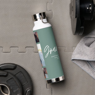 Photo sage green graduation script modern elegant water bottle
