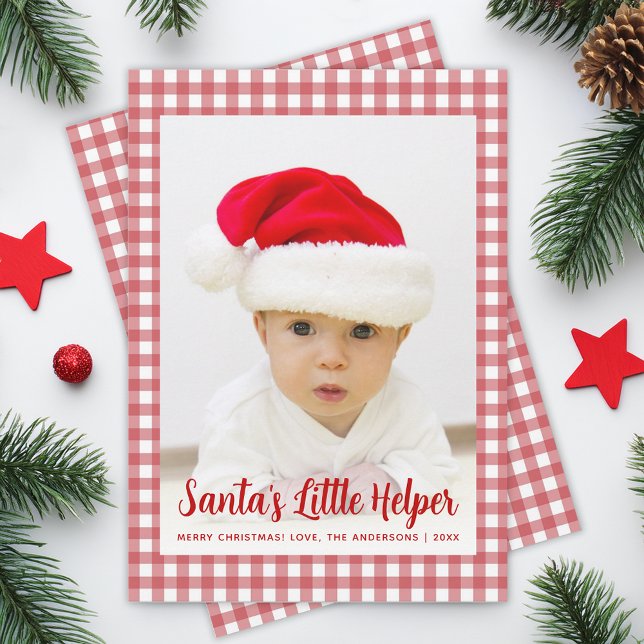 Photo Santa's Little Helper Red Gingham Christmas Holiday Card (Creator Uploaded)