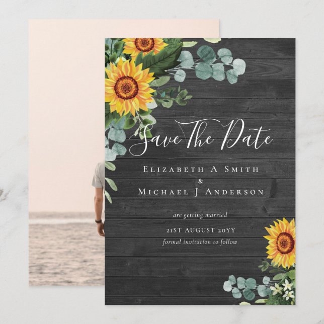 Photo Save Date Rustic SUNFLOWERS Greenery (Front/Back)