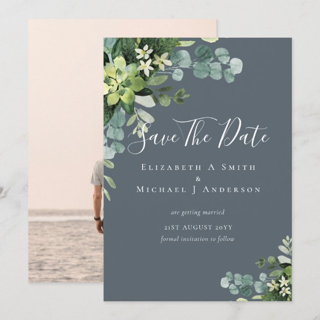 Photo Save Dates Eucalyptus Greenery Leaves (Front/Back)
