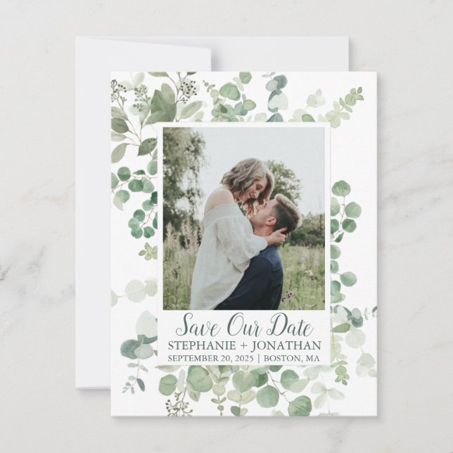 Photo Save Our Date with Green Eucalyptus Frame Save The Date (Front)