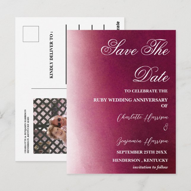 Photo Save the Date 40th Ruby Wedding Anniversary  Postcard (Front/Back)