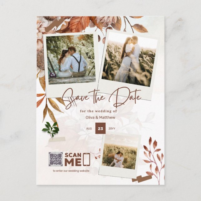 PHOTO Save The Date, Autumn Fall Wedding QR CODE   Postcard (Front)